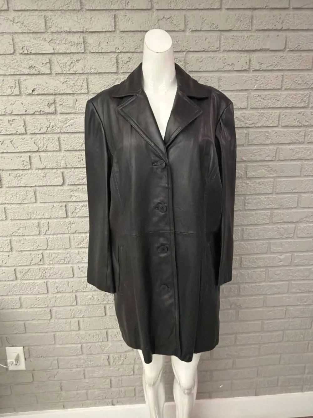 Nine West Women's Black Long Sleeve Button Front Leather Jacket Coat Size L